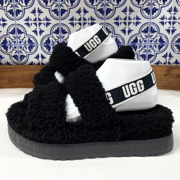 UGG Oh Fluffita Platform Slingback Slippers Black Sheepskin Size 10 - Picture 2 of 12
